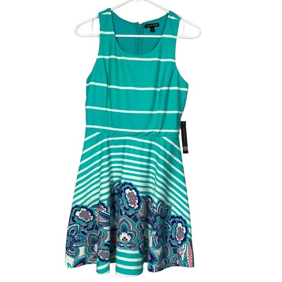 As U Wish Cut Out Skater Dress Mini Flare Stripe Floral White Teal Junior Large - Picture 13 of 16